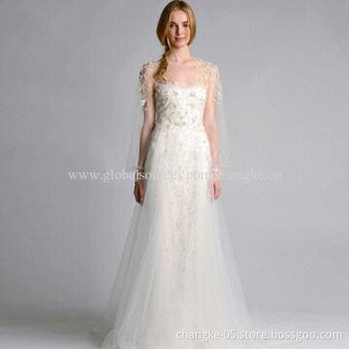 2014 New Wedding Dresses, Tulle with Flower Decoration, Sheer Jewel Neckline